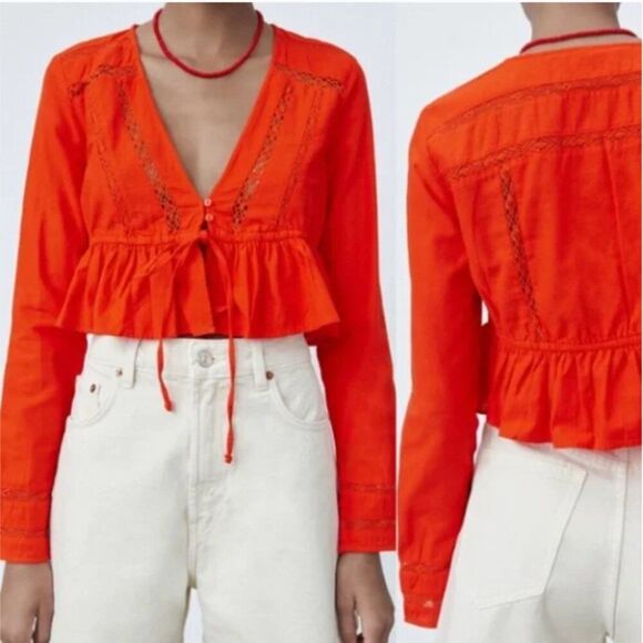 Zara Tops - Zara Orange Red 100% Cotton Crop Top XS Long Sleeve V-Neck Ruffle Peplum Boho